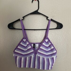 Divided Lavender and White Striped Crochet Crop Top